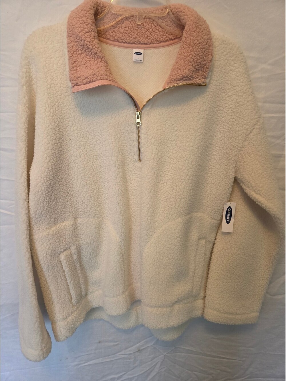 Old Navy Women's Large Cream and Pink Sherpa Fleece Quarter-Zip Pullover Jacket